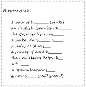 English vocabulary shopping list