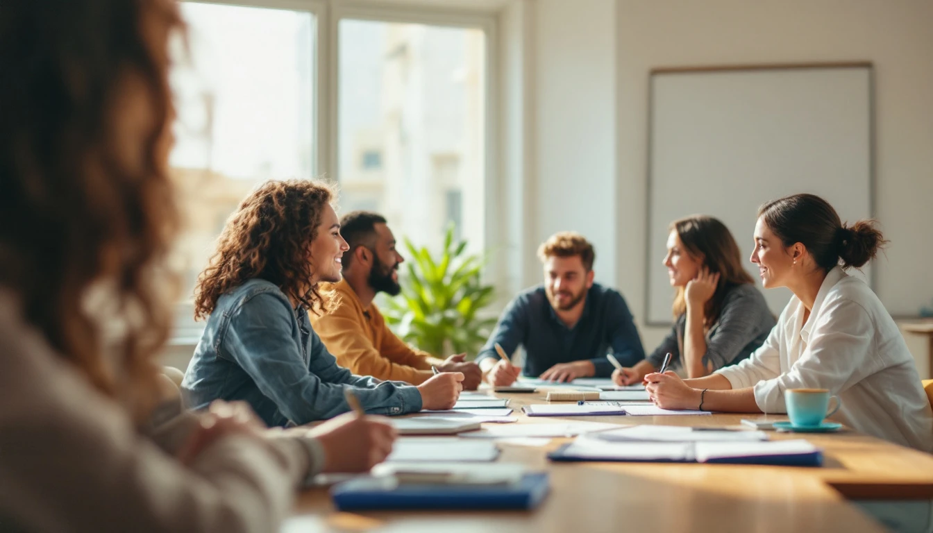 English teacher leading a lively classroom discussion