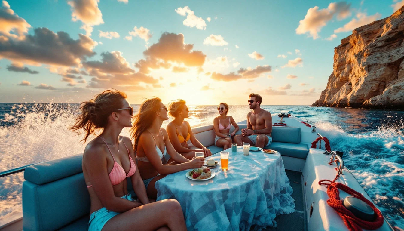 English students on a Malta boat party at sunset