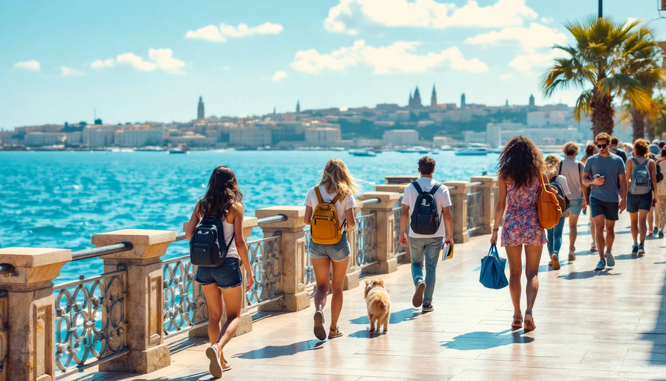 International English students walking along Sliema waterfront in June