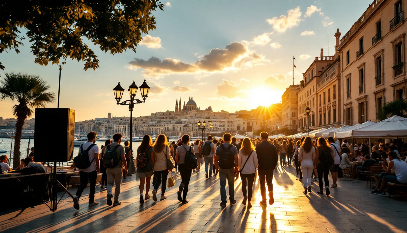 Students arriving at an outdoor arts festival in Valletta at golden hour