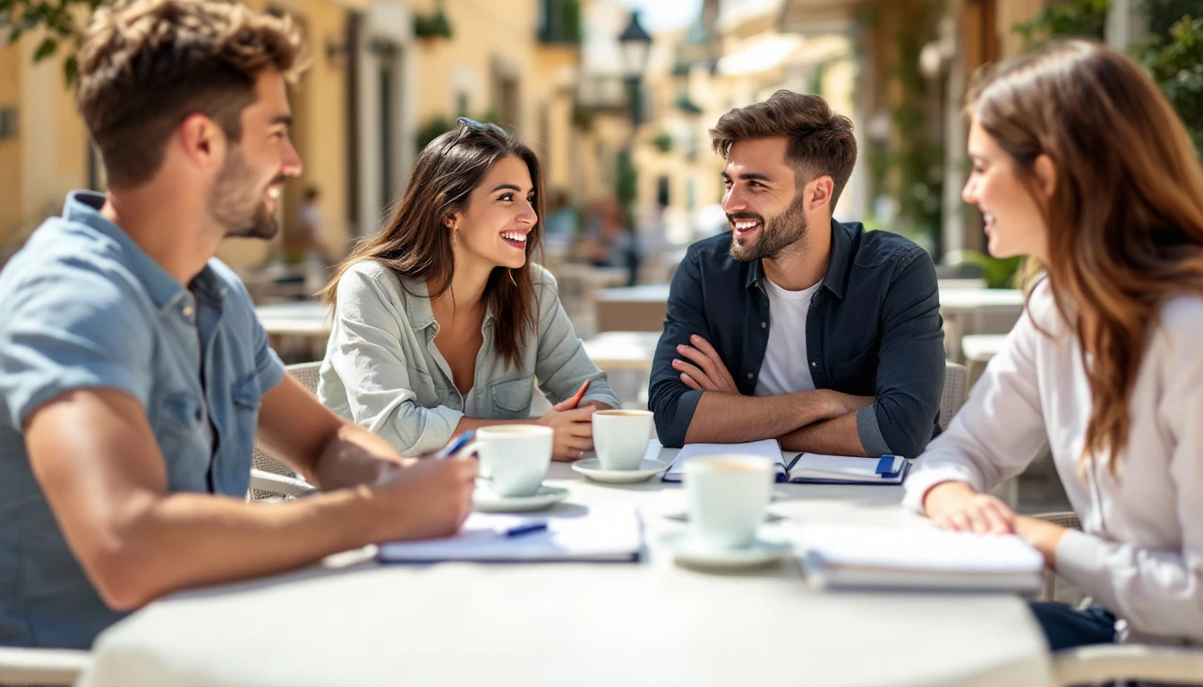 Students practising English conversation in a Malta cafe