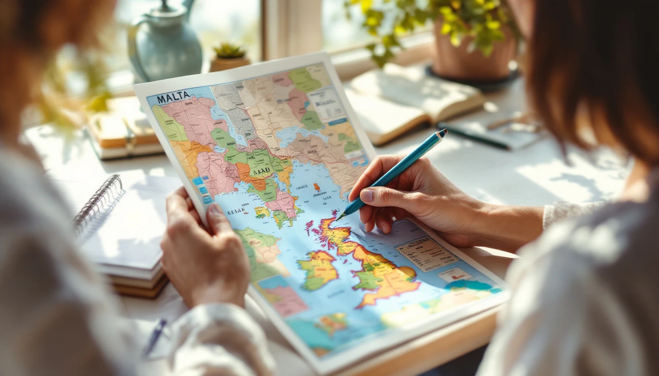 Student comparing Malta, Ireland and UK study options on a map