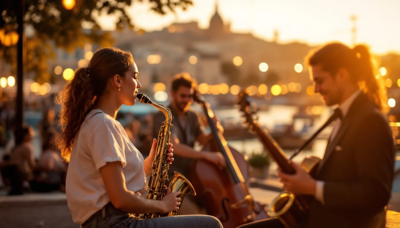 Students watching a jazz performance near the Valletta waterfront