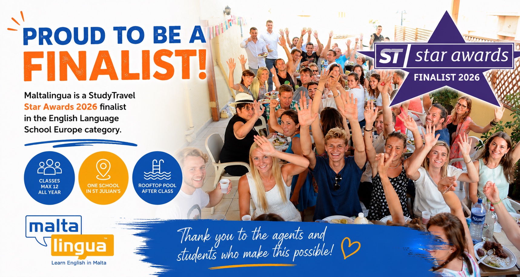 Proud to be a finalist - Maltalingua is a StudyTravel Star Awards 2026 finalist in the English Language School Europe category