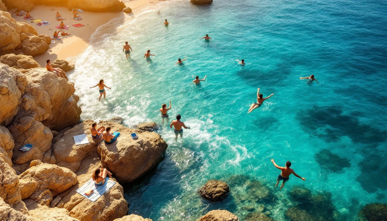 Students swimming in calm September sea near St Julian's after English class