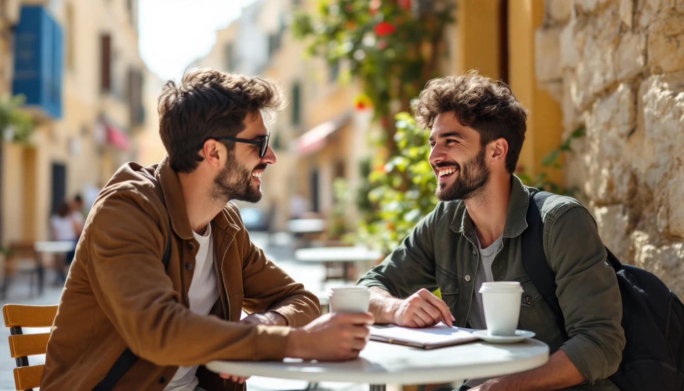 Students chatting naturally over coffee practising everyday English