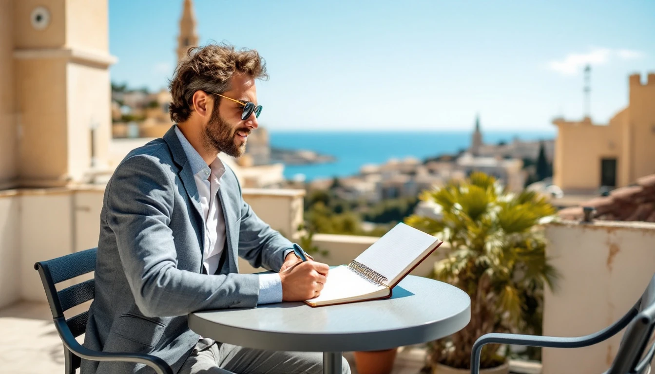 Professional adult studying English on educational leave on a Malta terrace