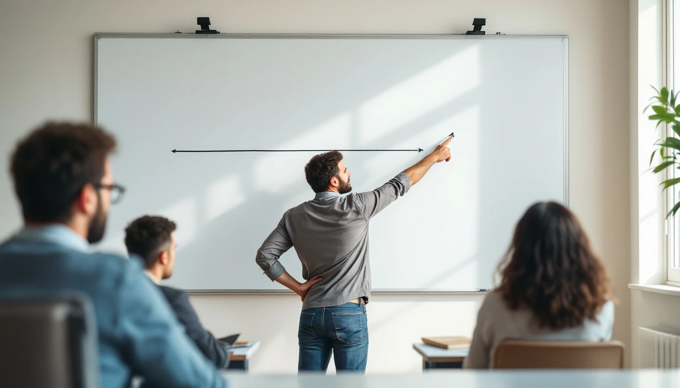English teacher explaining a grammar timeline to a small adult class