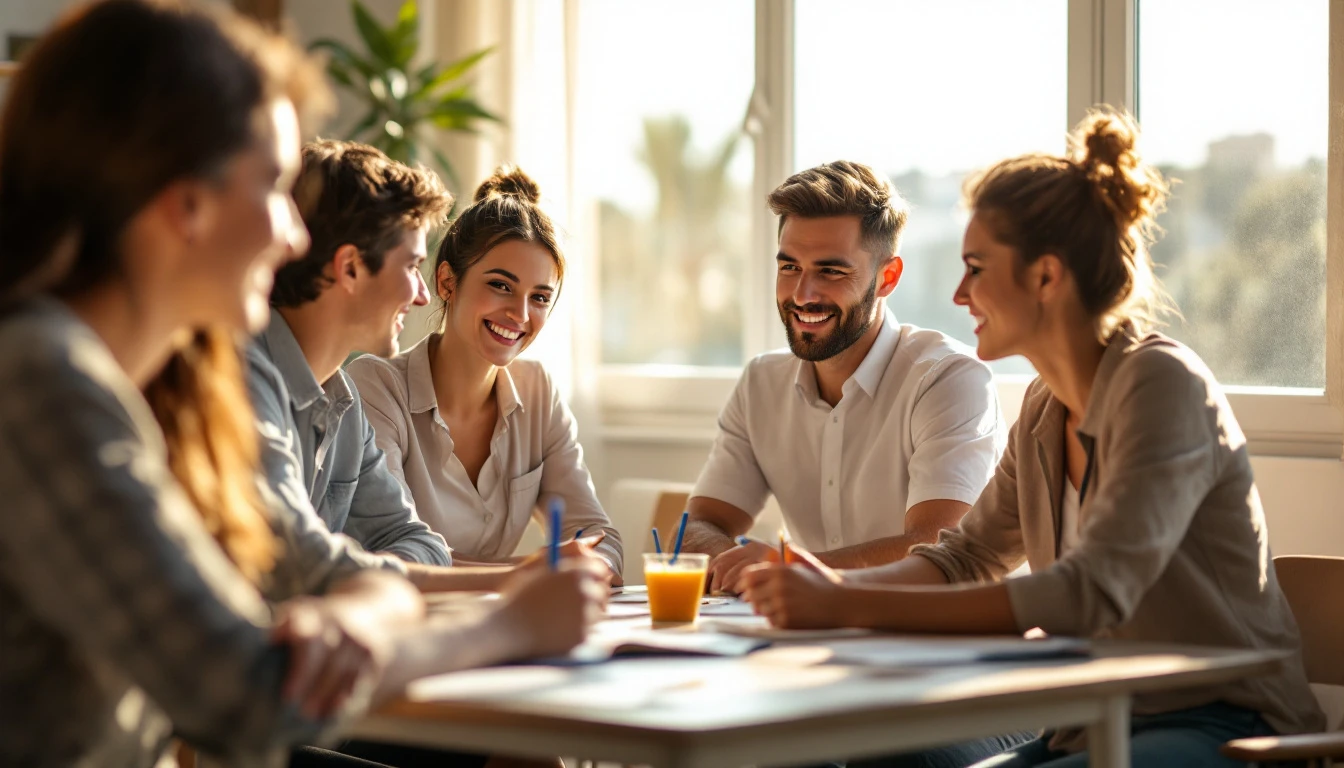 Confident adult students in their 30s and 40s studying English in Malta