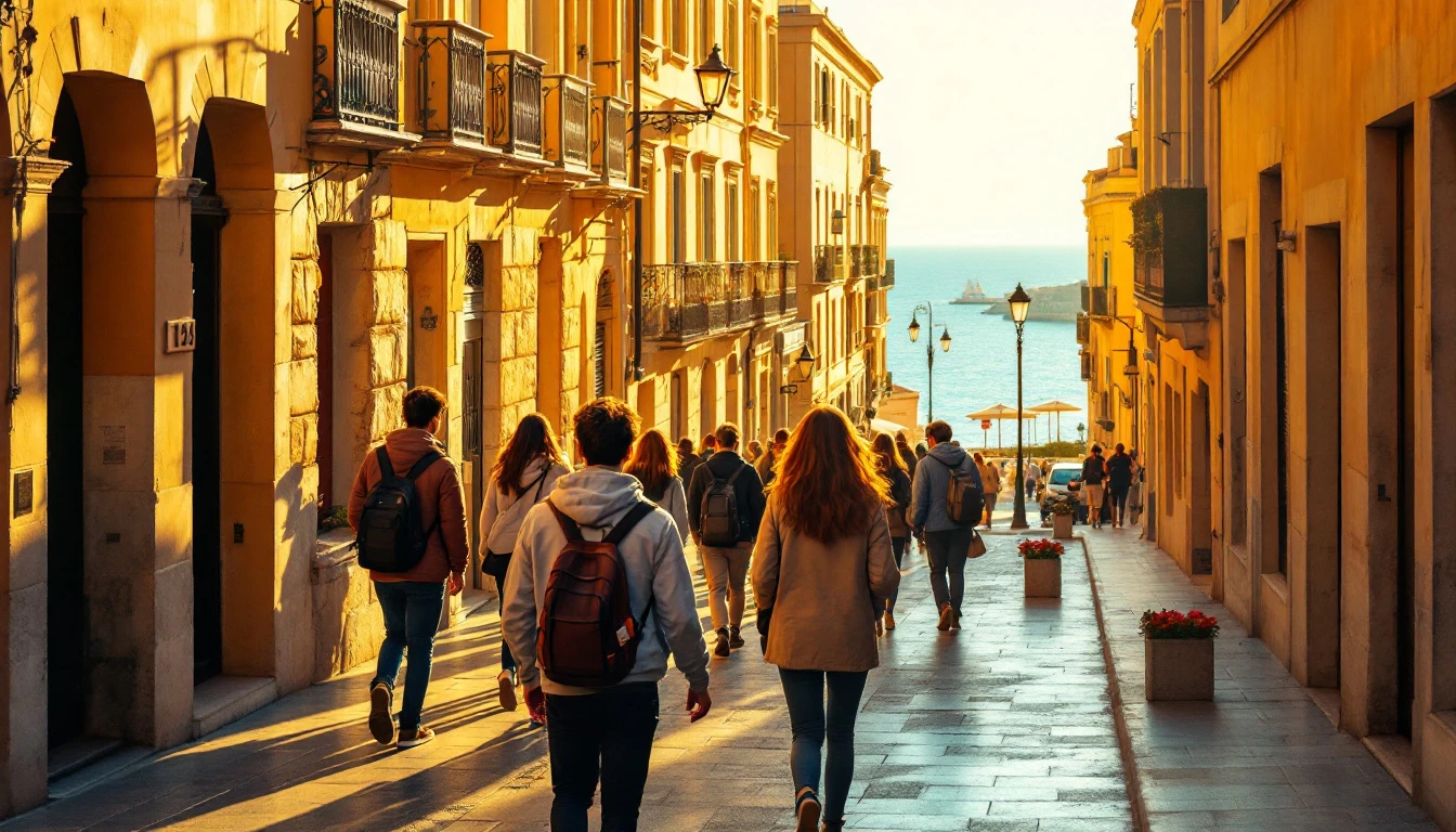 Golden October light over Valletta with students exploring after class