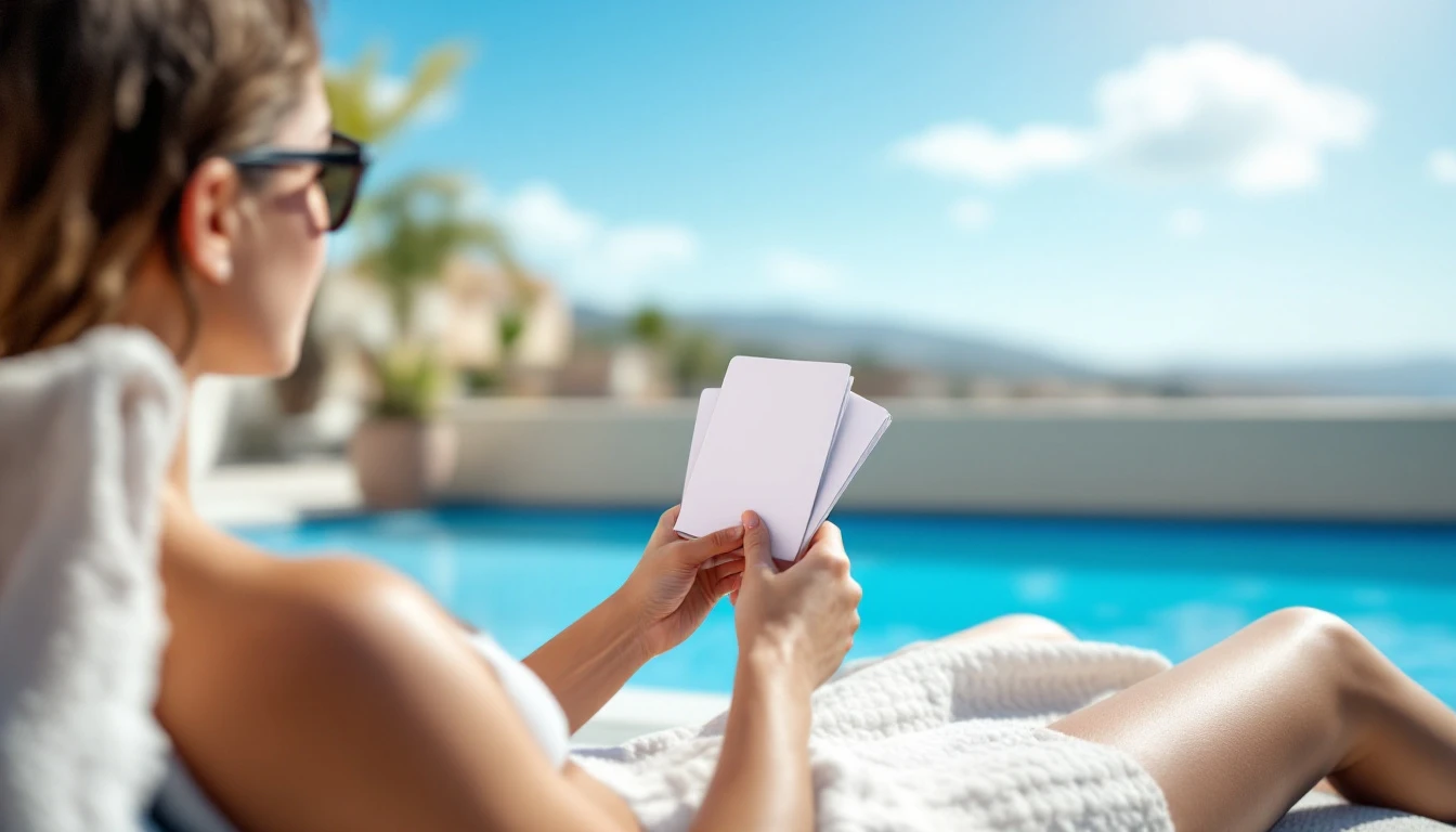 Student relaxing with blank study flashcards by the rooftop pool