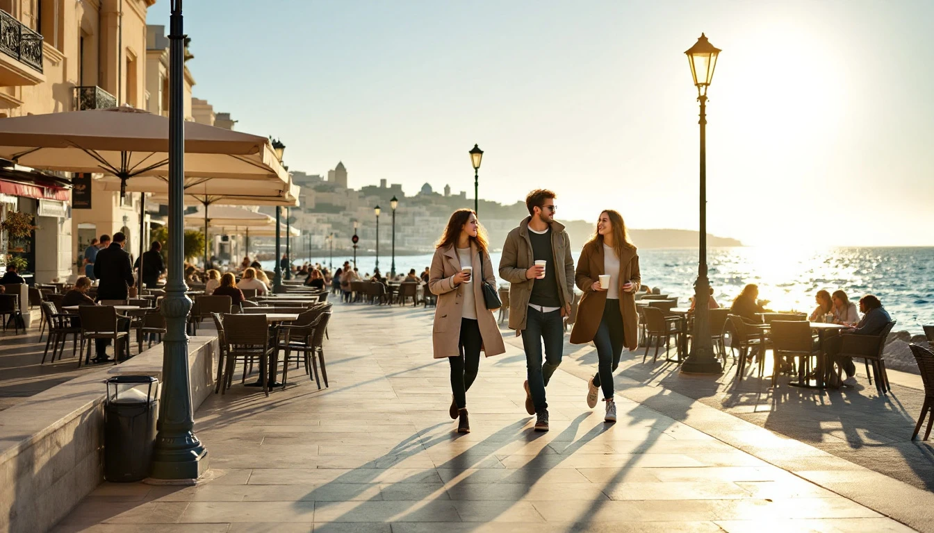 Mild sunny winter day on a Malta seafront promenade