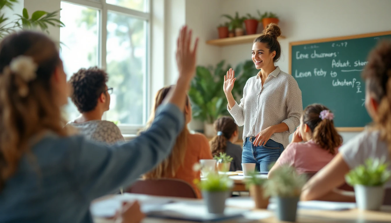 Lively adult English class with students raising hands to ask questions