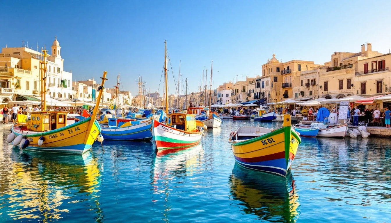 Colourful fishing boats at Marsaxlokk on an autumn morning